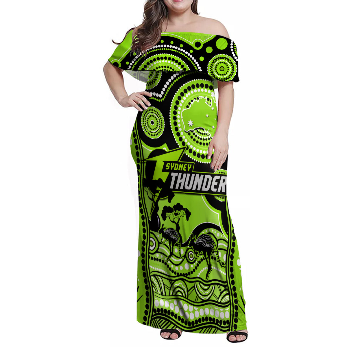 sydney-thunder-cricket-family-matching-off-shoulder-maxi-dress-and-hawaiian-shirt-happy-australia-day-aboriginal-art