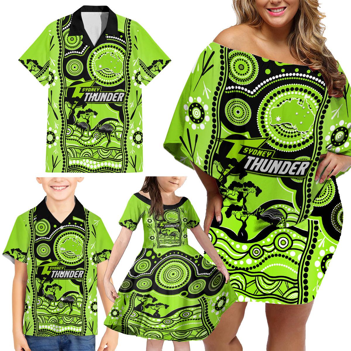 sydney-thunder-cricket-family-matching-off-shoulder-short-dress-and-hawaiian-shirt-happy-australia-day-aboriginal-art