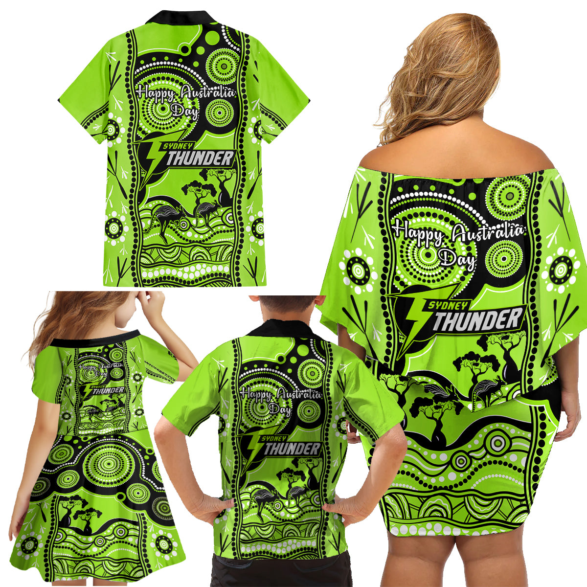 sydney-thunder-cricket-family-matching-off-shoulder-short-dress-and-hawaiian-shirt-happy-australia-day-aboriginal-art