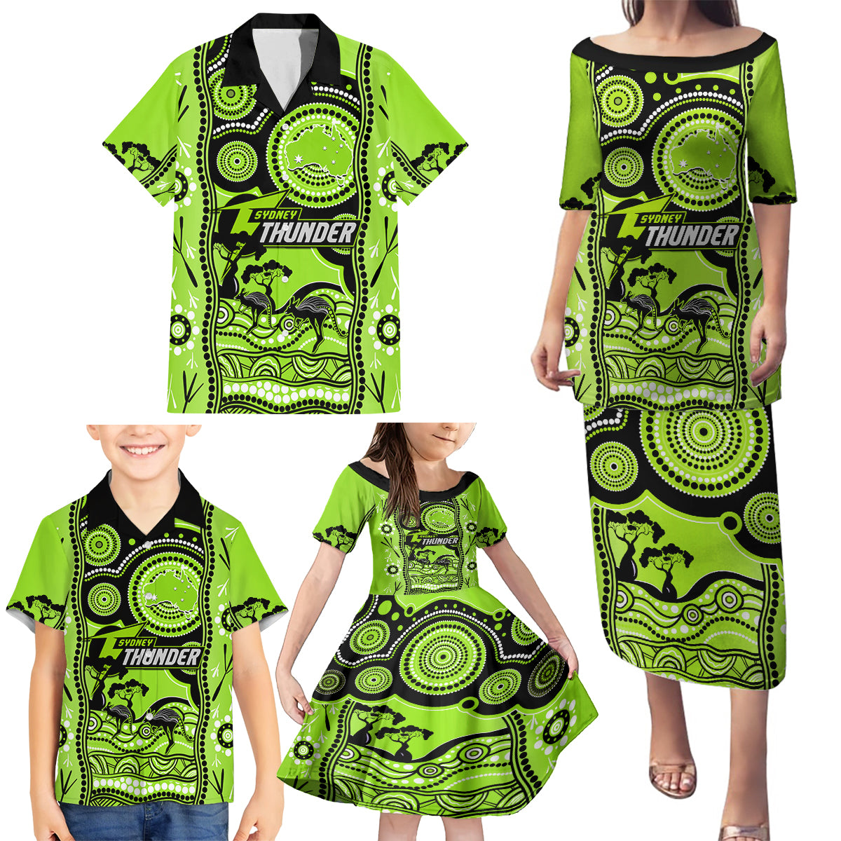 sydney-thunder-cricket-family-matching-puletasi-dress-and-hawaiian-shirt-happy-australia-day-aboriginal-art