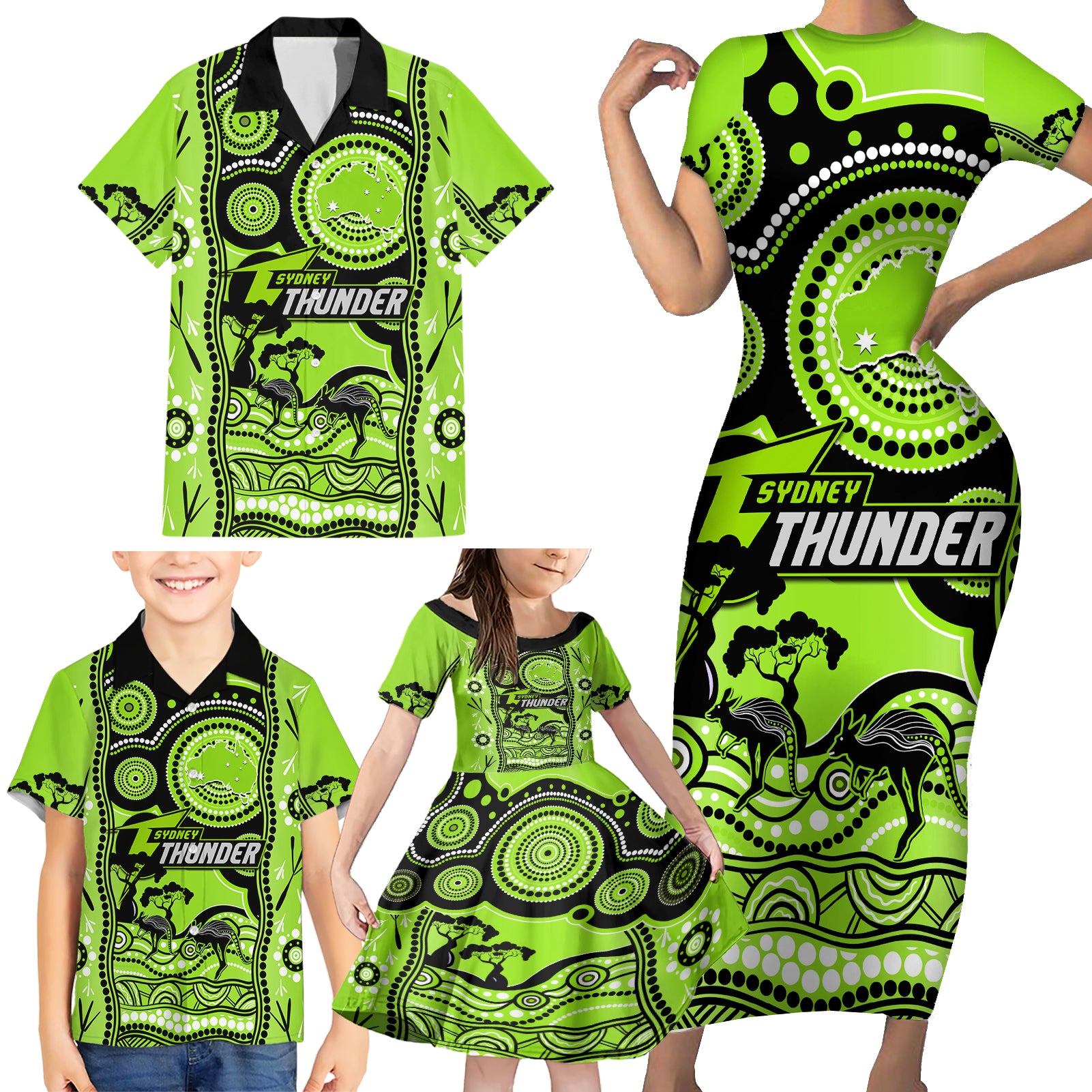 sydney-thunder-cricket-family-matching-short-sleeve-bodycon-dress-and-hawaiian-shirt-happy-australia-day-aboriginal-art