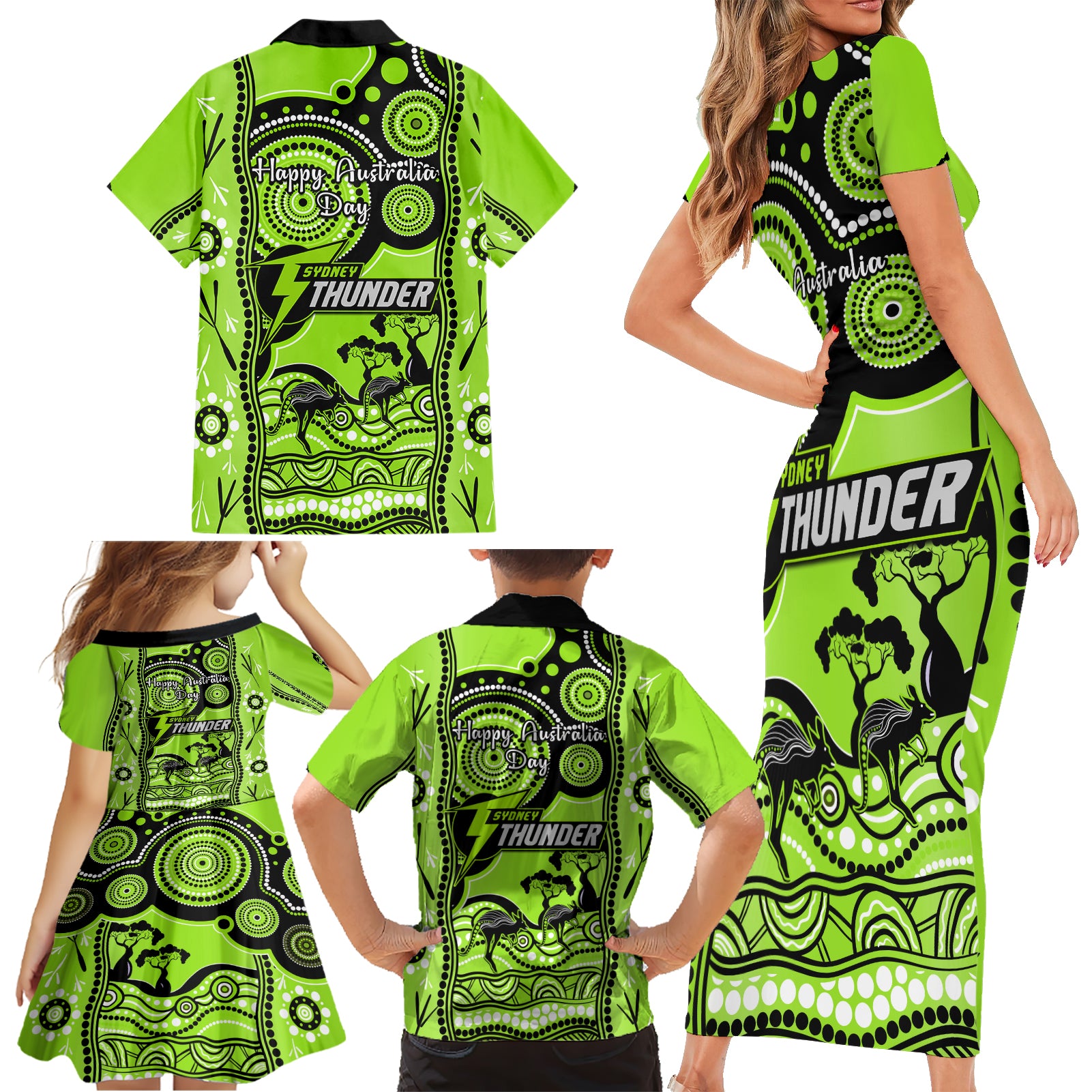 sydney-thunder-cricket-family-matching-short-sleeve-bodycon-dress-and-hawaiian-shirt-happy-australia-day-aboriginal-art