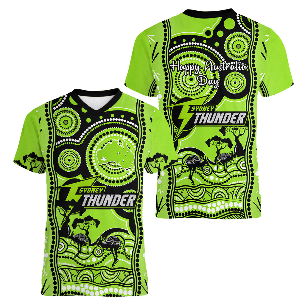 Sydney Thunder Cricket Women V Neck T Shirt Happy Australia Day Aboriginal Art - Vibe Hoodie Shop