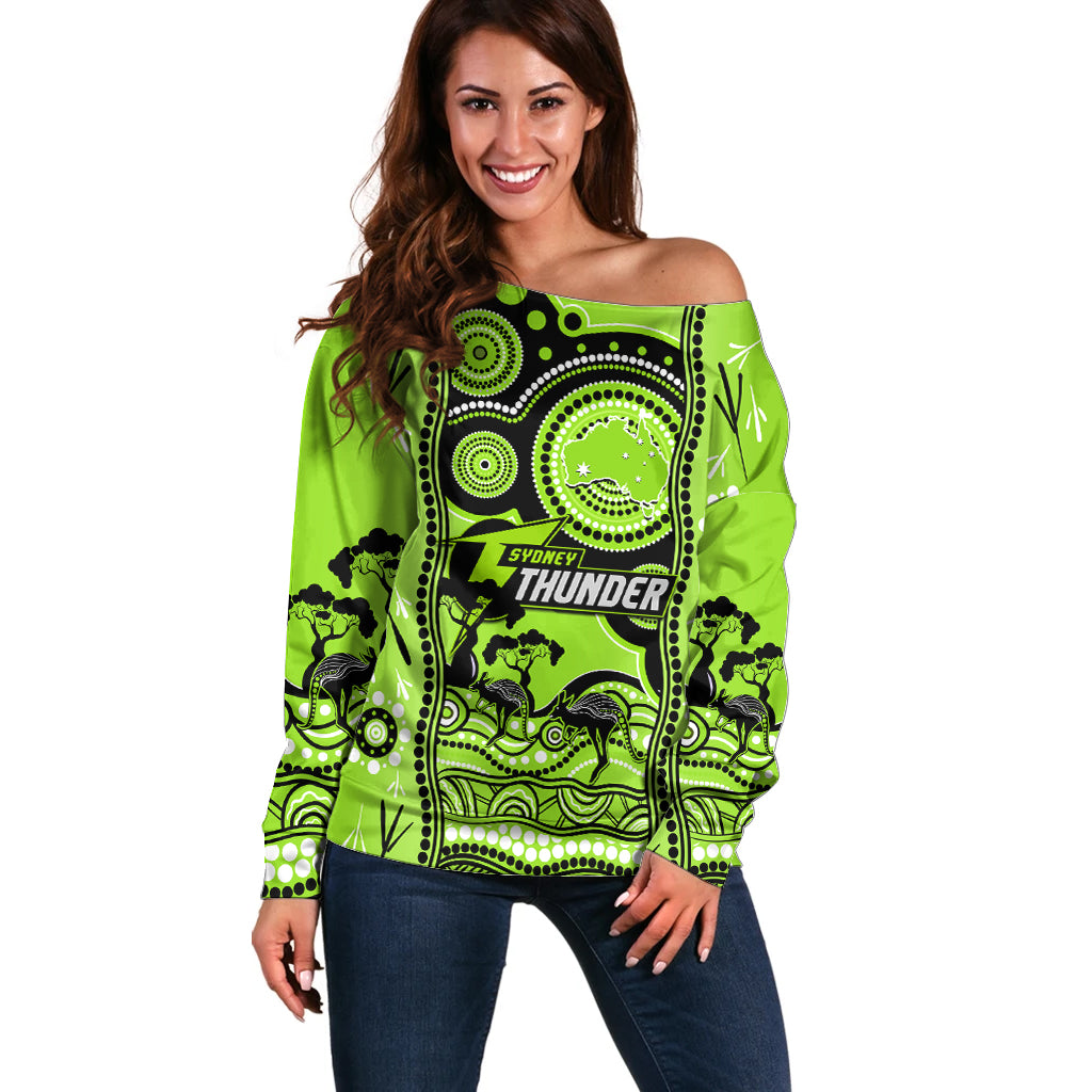 Custom Sydney Thunder Cricket Off Shoulder Sweater Happy Australia Day Aboriginal Art - Vibe Hoodie Shop