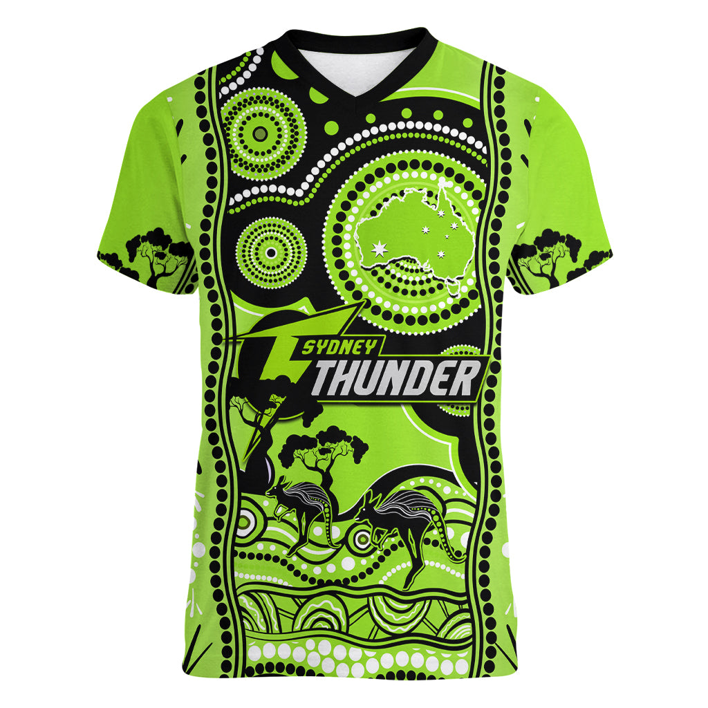 Custom Sydney Thunder Cricket Women V Neck T Shirt Happy Australia Day Aboriginal Art - Vibe Hoodie Shop