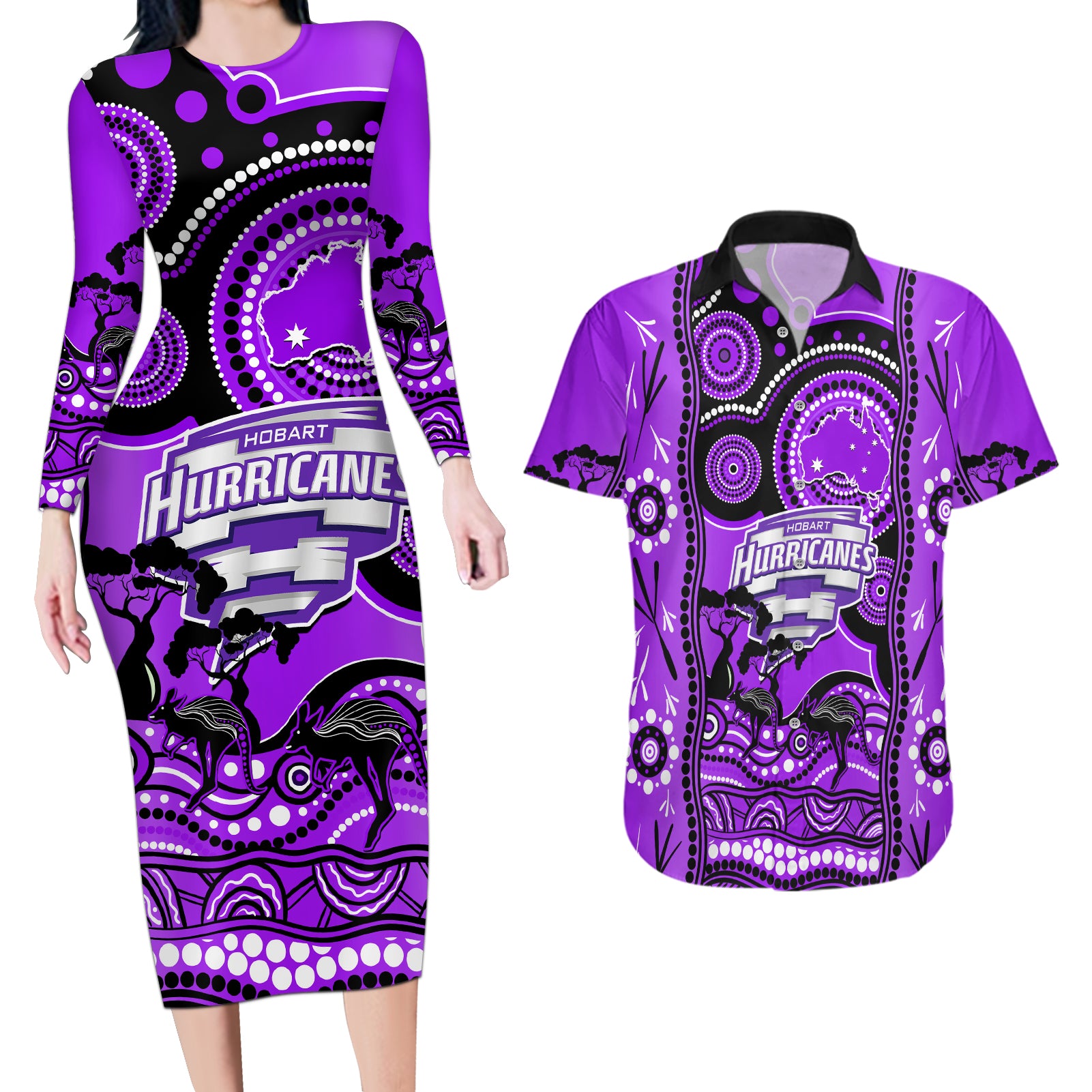 hobart-hurricanes-cricket-couples-matching-long-sleeve-bodycon-dress-and-hawaiian-shirt-happy-australia-day-aboriginal-art