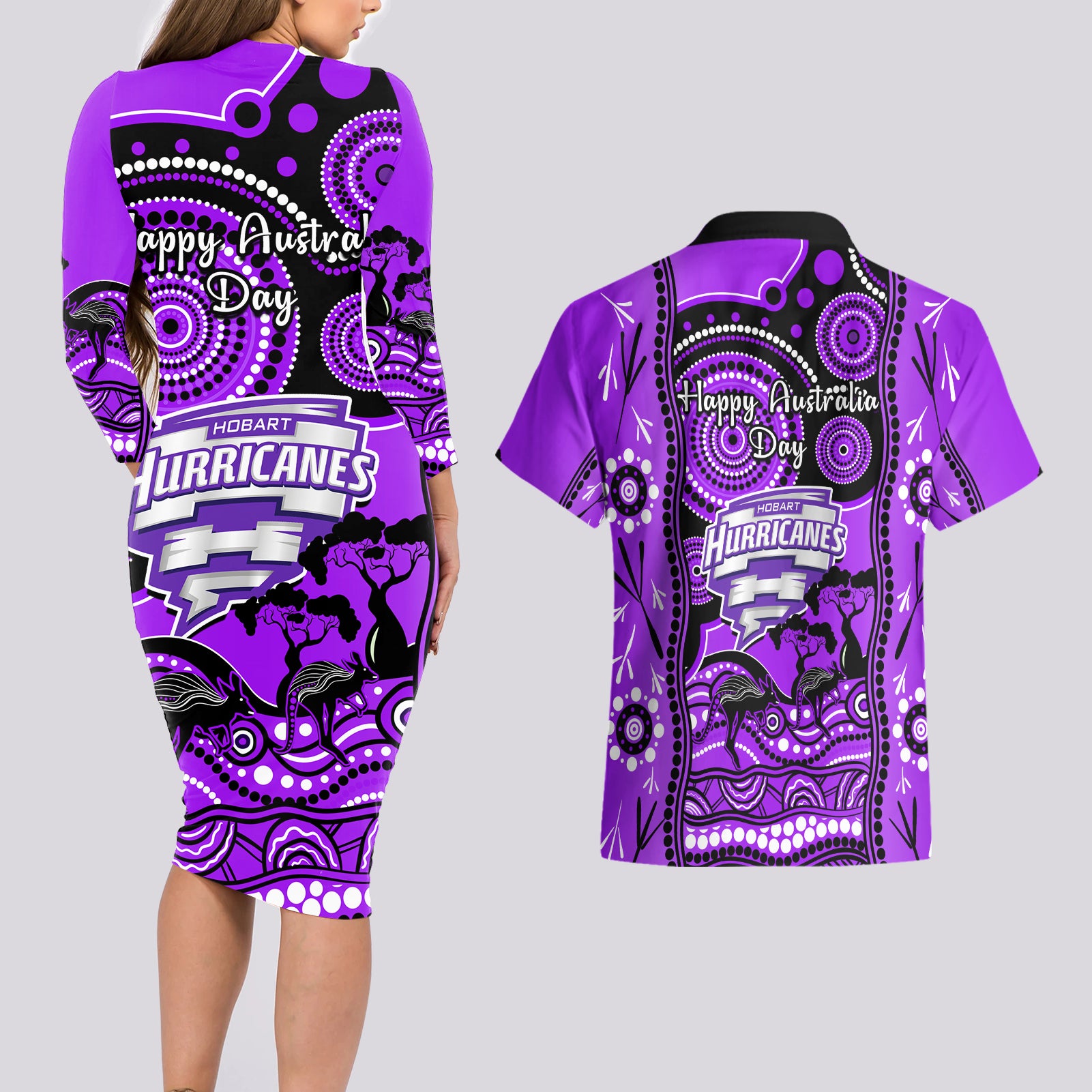 hobart-hurricanes-cricket-couples-matching-long-sleeve-bodycon-dress-and-hawaiian-shirt-happy-australia-day-aboriginal-art