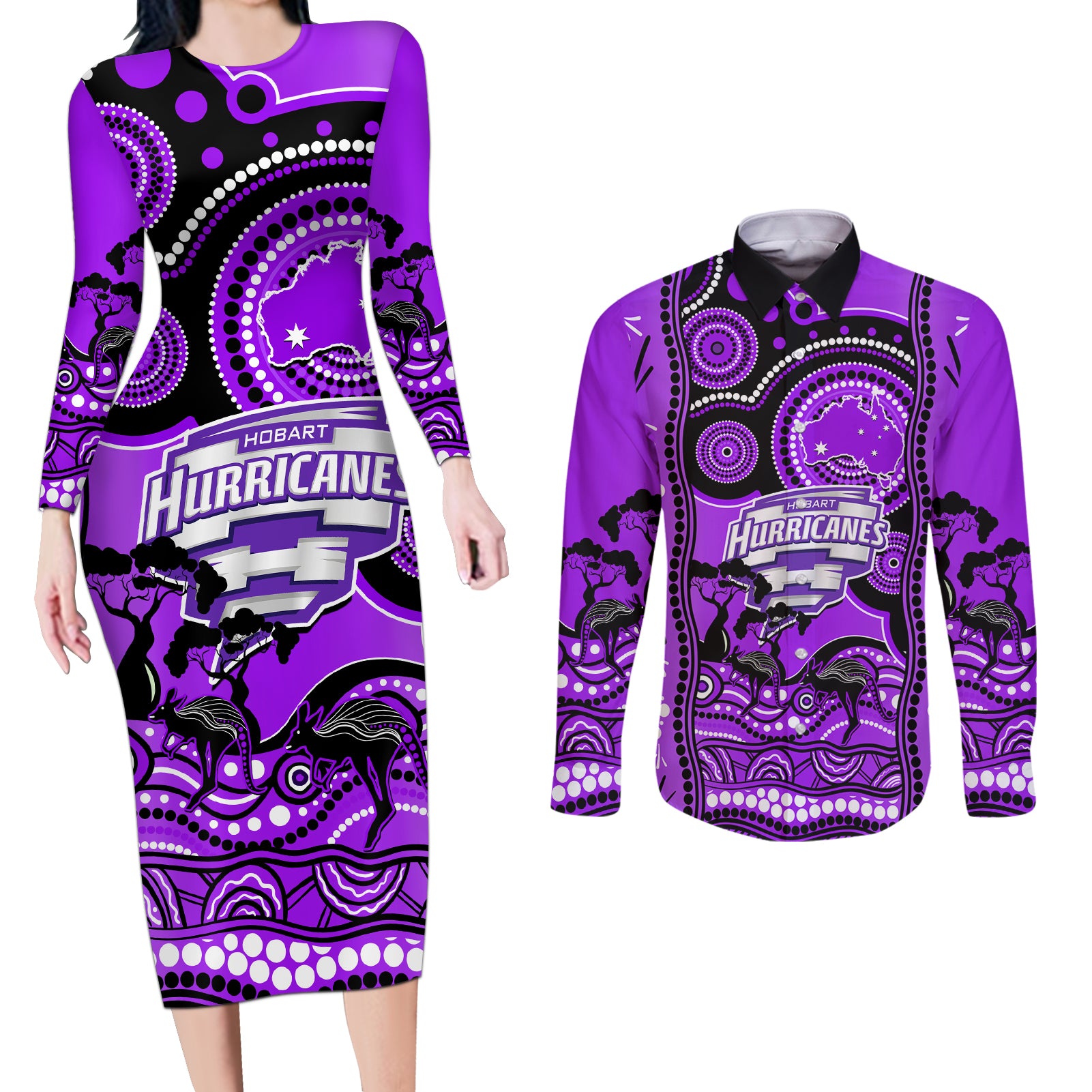 hobart-hurricanes-cricket-couples-matching-long-sleeve-bodycon-dress-and-long-sleeve-button-shirt-happy-australia-day-aboriginal-art