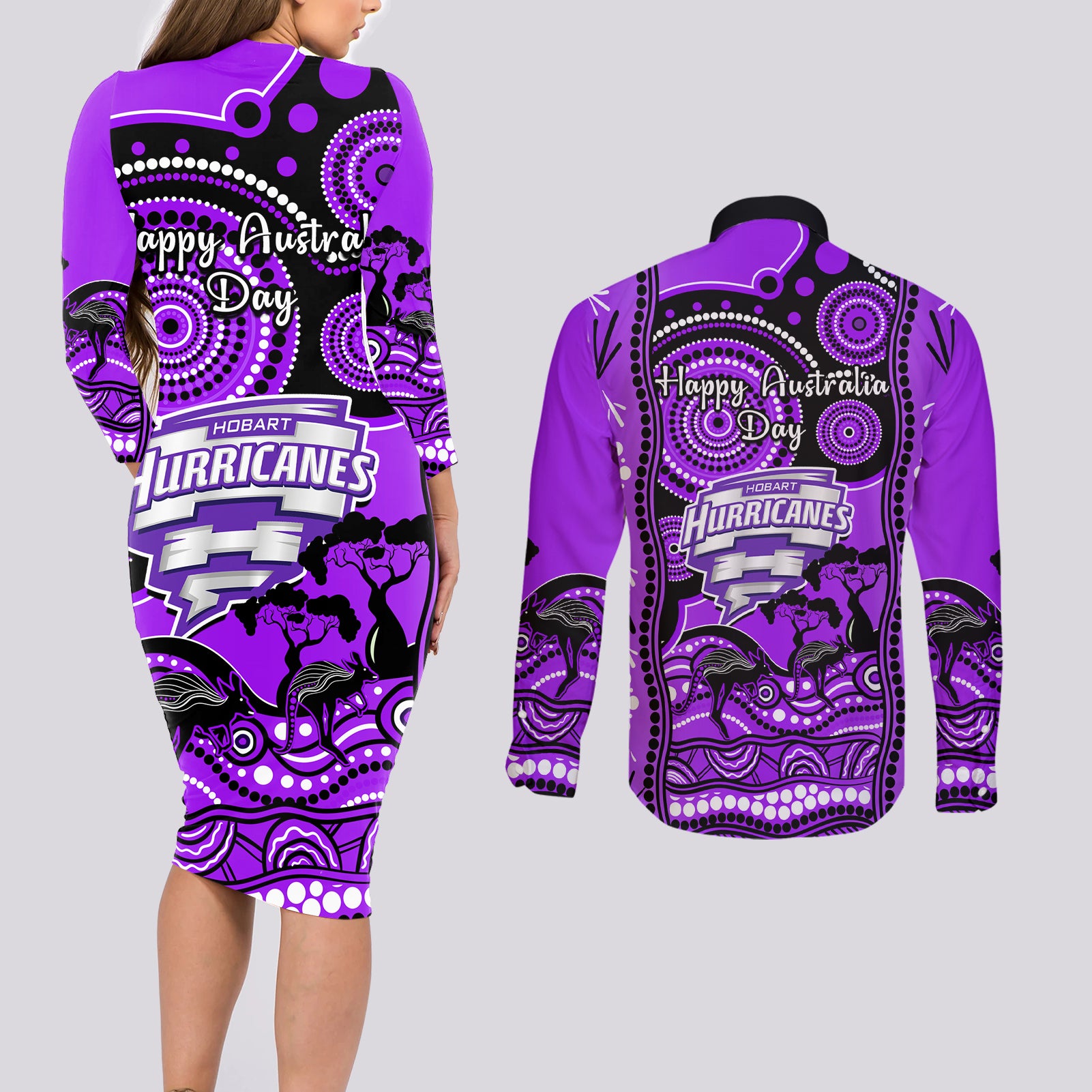 hobart-hurricanes-cricket-couples-matching-long-sleeve-bodycon-dress-and-long-sleeve-button-shirt-happy-australia-day-aboriginal-art