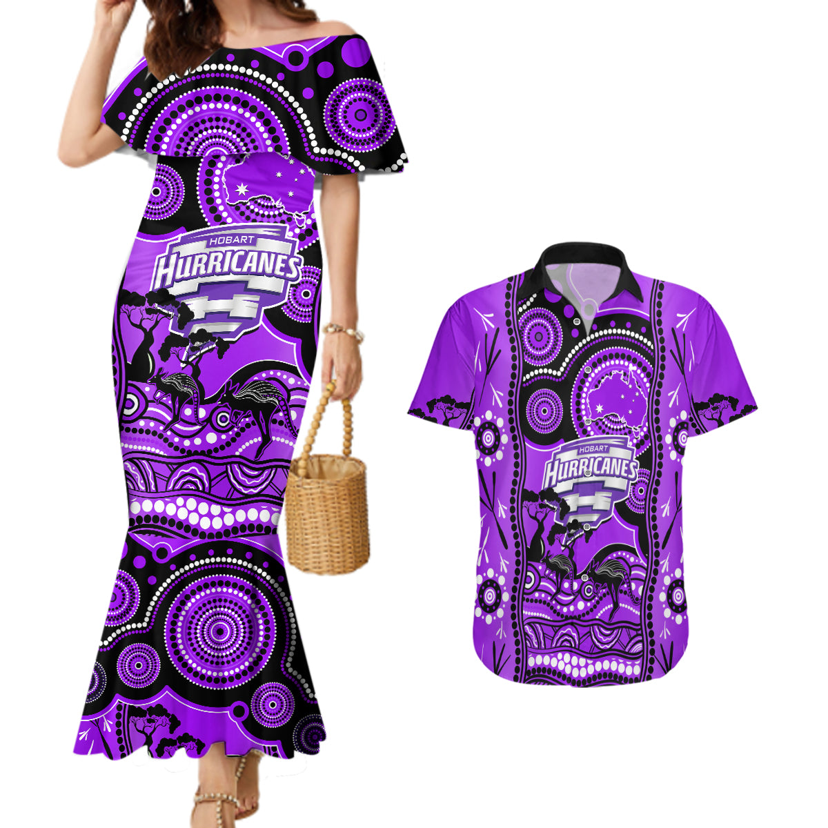 hobart-hurricanes-cricket-couples-matching-mermaid-dress-and-hawaiian-shirt-happy-australia-day-aboriginal-art