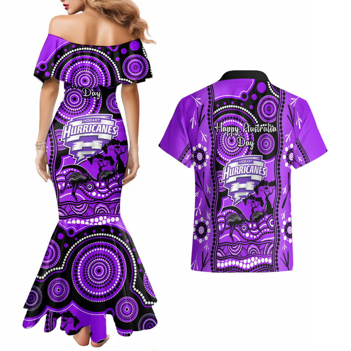 hobart-hurricanes-cricket-couples-matching-mermaid-dress-and-hawaiian-shirt-happy-australia-day-aboriginal-art