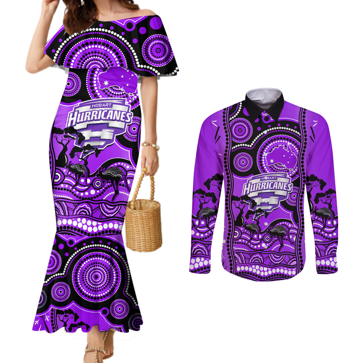 hobart-hurricanes-cricket-couples-matching-mermaid-dress-and-long-sleeve-button-shirt-happy-australia-day-aboriginal-art