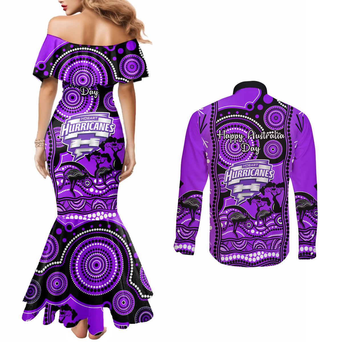 hobart-hurricanes-cricket-couples-matching-mermaid-dress-and-long-sleeve-button-shirt-happy-australia-day-aboriginal-art