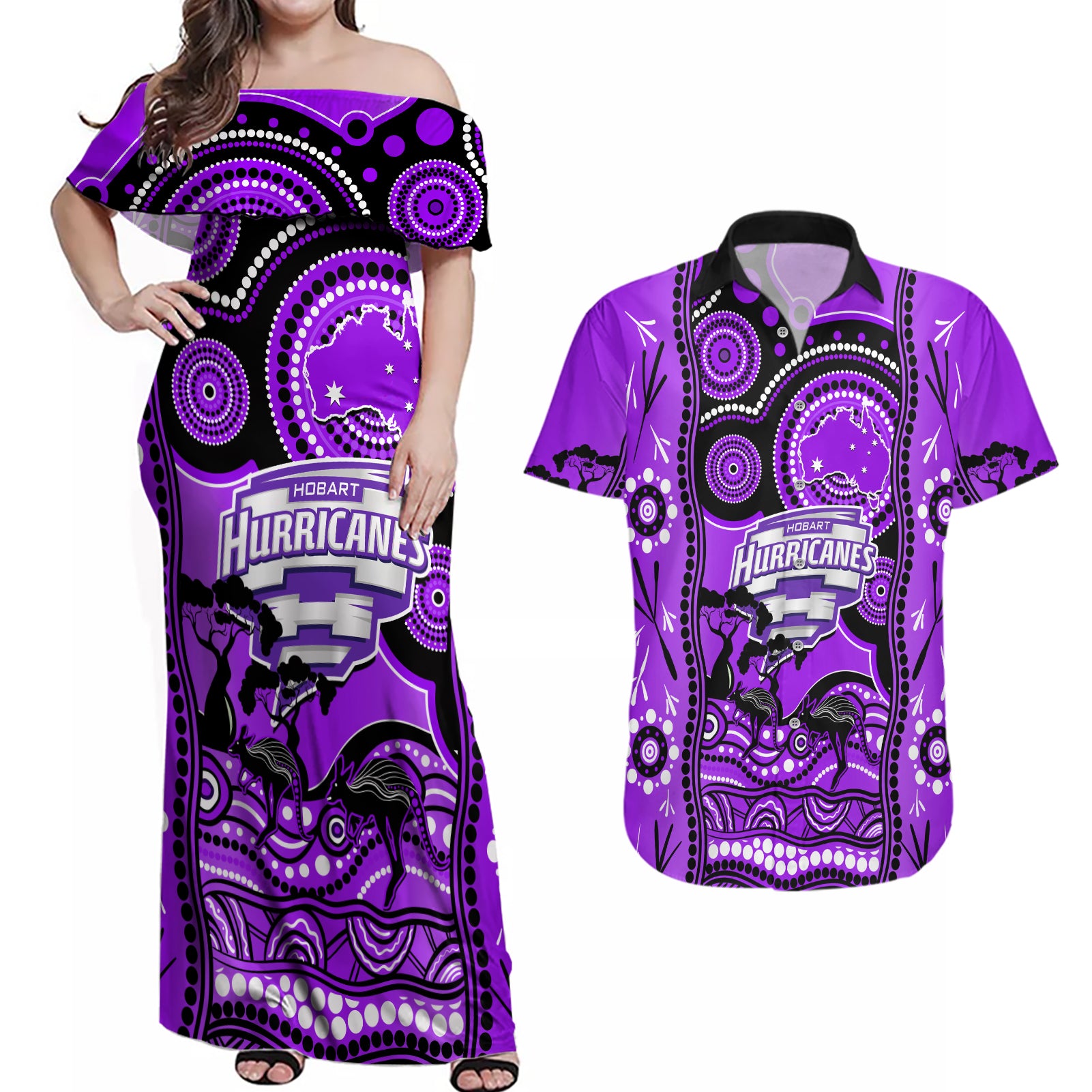 hobart-hurricanes-cricket-couples-matching-off-shoulder-maxi-dress-and-hawaiian-shirt-happy-australia-day-aboriginal-art