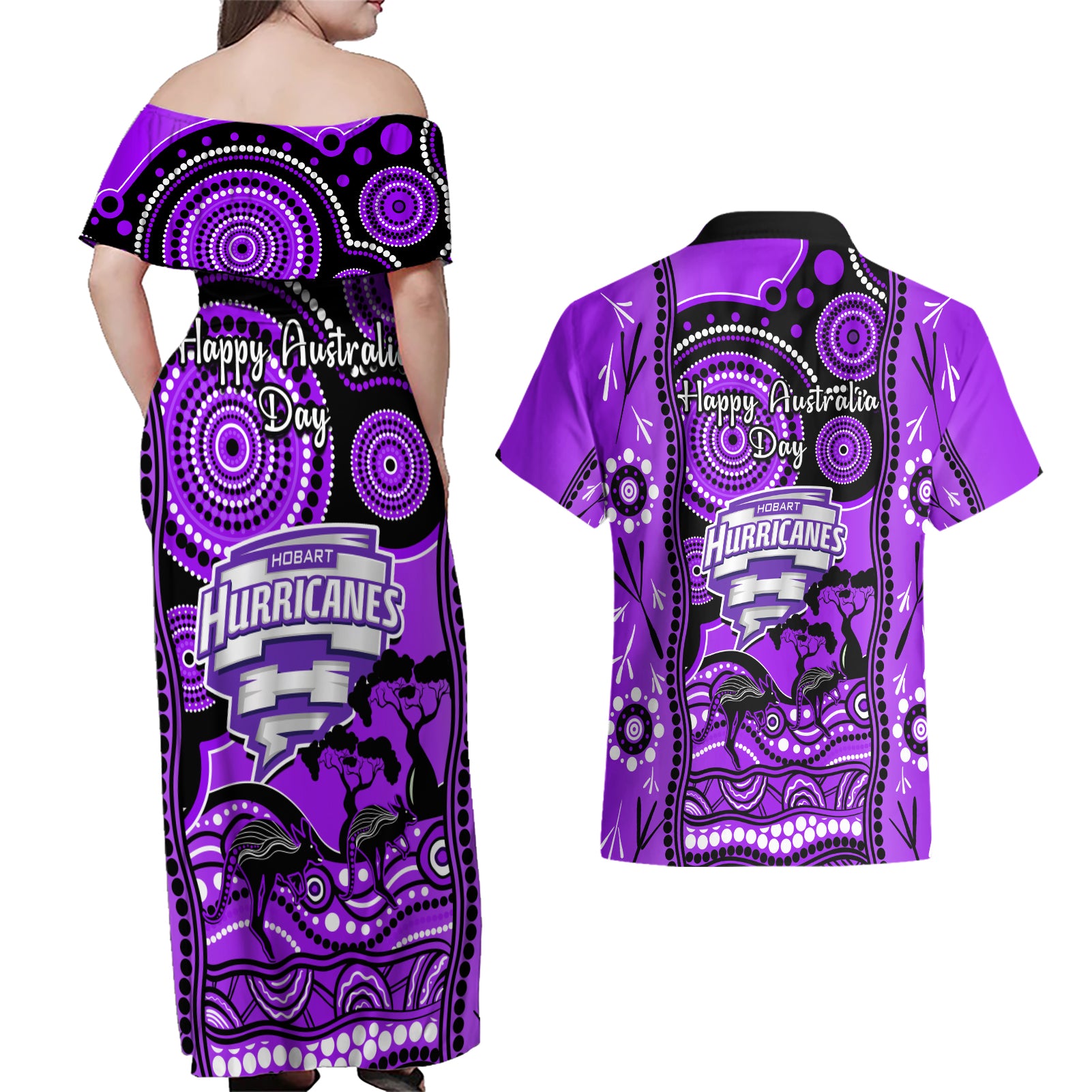 hobart-hurricanes-cricket-couples-matching-off-shoulder-maxi-dress-and-hawaiian-shirt-happy-australia-day-aboriginal-art