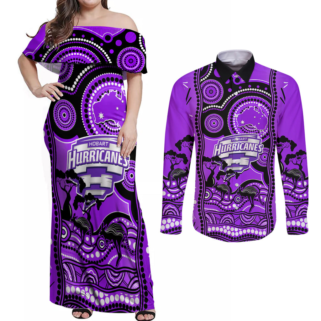 hobart-hurricanes-cricket-couples-matching-off-shoulder-maxi-dress-and-long-sleeve-button-shirt-happy-australia-day-aboriginal-art