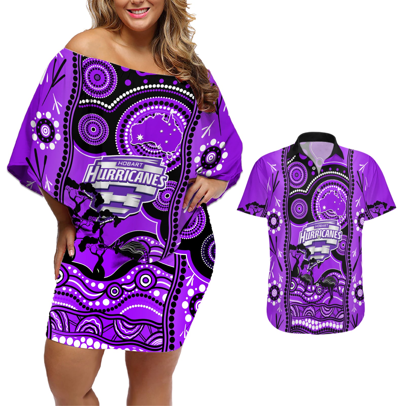 hobart-hurricanes-cricket-couples-matching-off-shoulder-short-dress-and-hawaiian-shirt-happy-australia-day-aboriginal-art