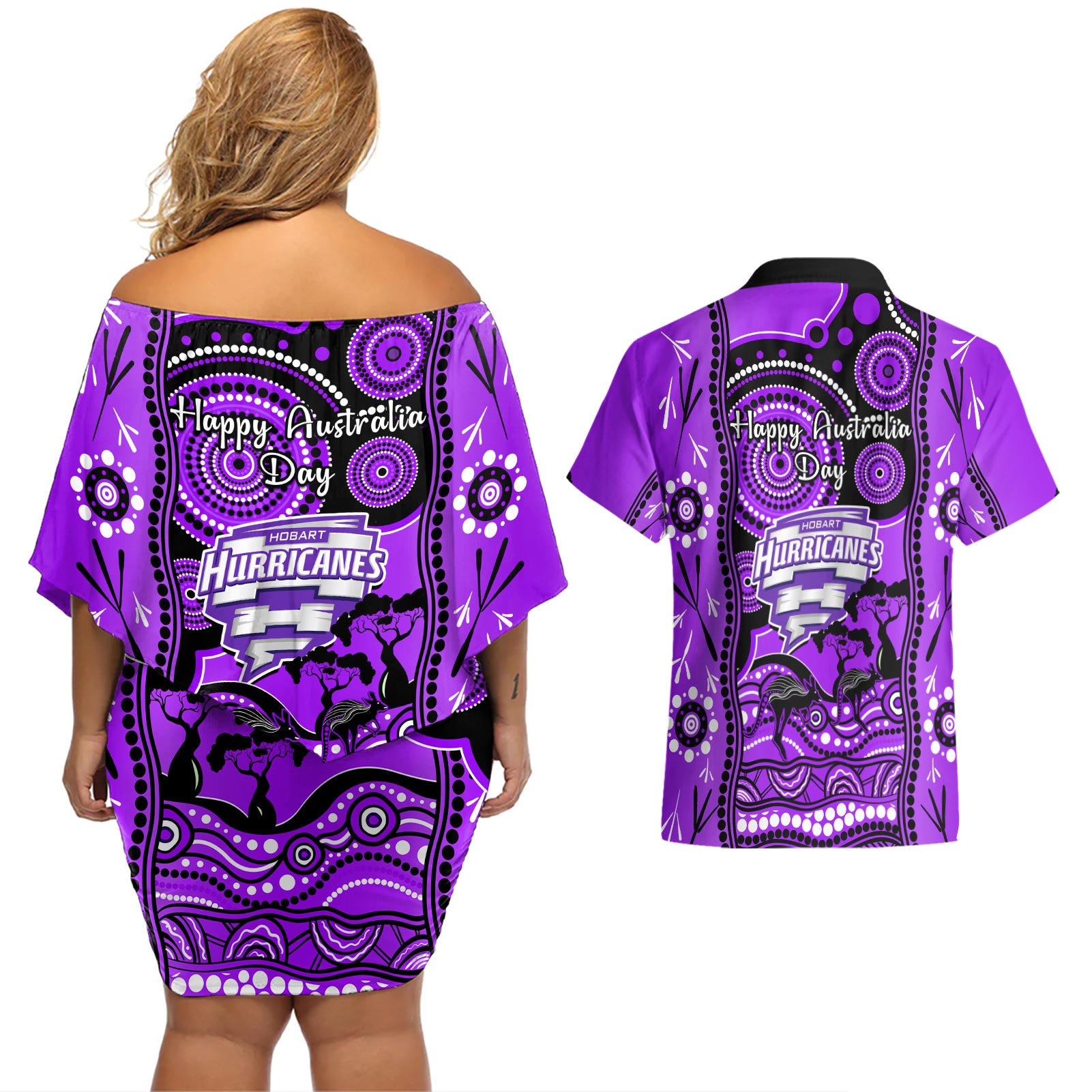 hobart-hurricanes-cricket-couples-matching-off-shoulder-short-dress-and-hawaiian-shirt-happy-australia-day-aboriginal-art