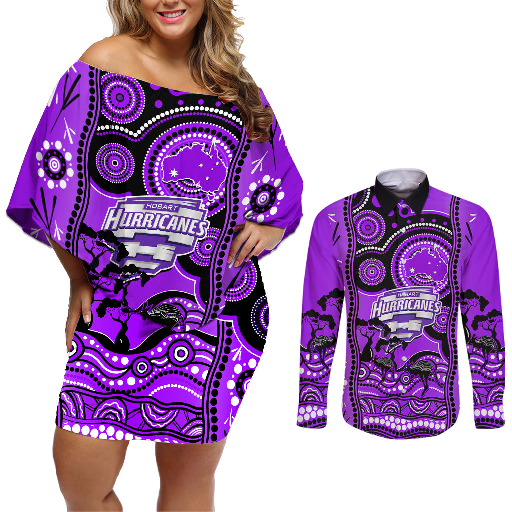 hobart-hurricanes-cricket-couples-matching-off-shoulder-short-dress-and-long-sleeve-button-shirt-happy-australia-day-aboriginal-art