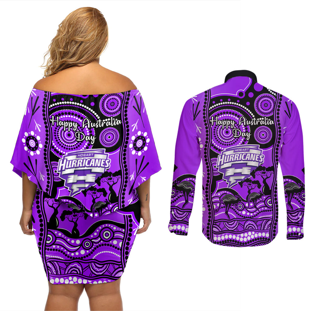 hobart-hurricanes-cricket-couples-matching-off-shoulder-short-dress-and-long-sleeve-button-shirt-happy-australia-day-aboriginal-art