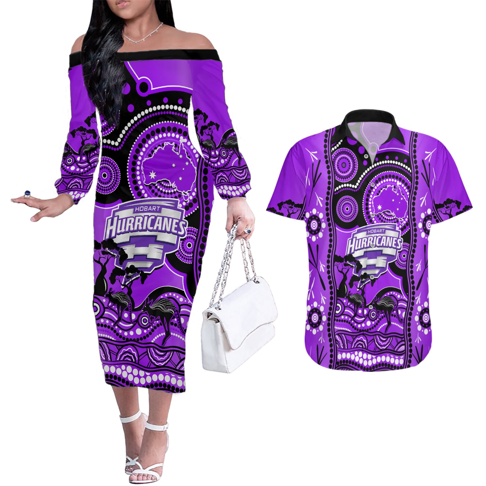 hobart-hurricanes-cricket-couples-matching-off-the-shoulder-long-sleeve-dress-and-hawaiian-shirt-happy-australia-day-aboriginal-art