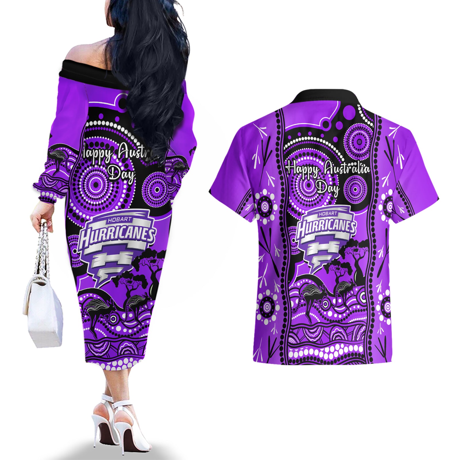 hobart-hurricanes-cricket-couples-matching-off-the-shoulder-long-sleeve-dress-and-hawaiian-shirt-happy-australia-day-aboriginal-art