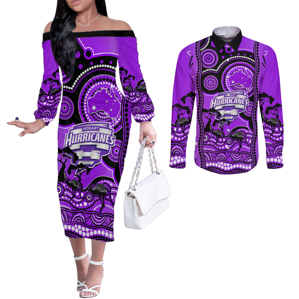 hobart-hurricanes-cricket-couples-matching-off-the-shoulder-long-sleeve-dress-and-long-sleeve-button-shirt-happy-australia-day-aboriginal-art