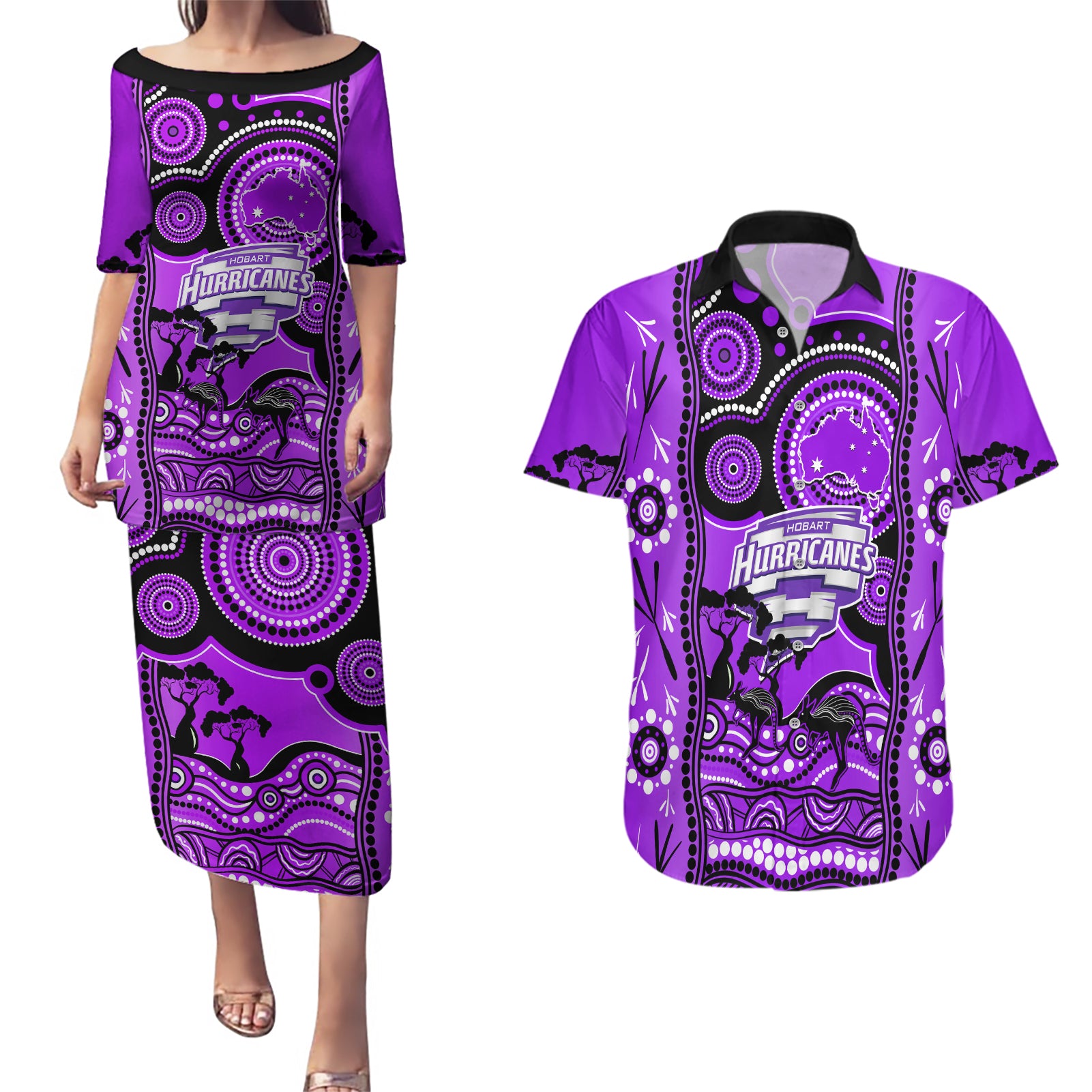 hobart-hurricanes-cricket-couples-matching-puletasi-dress-and-hawaiian-shirt-happy-australia-day-aboriginal-art