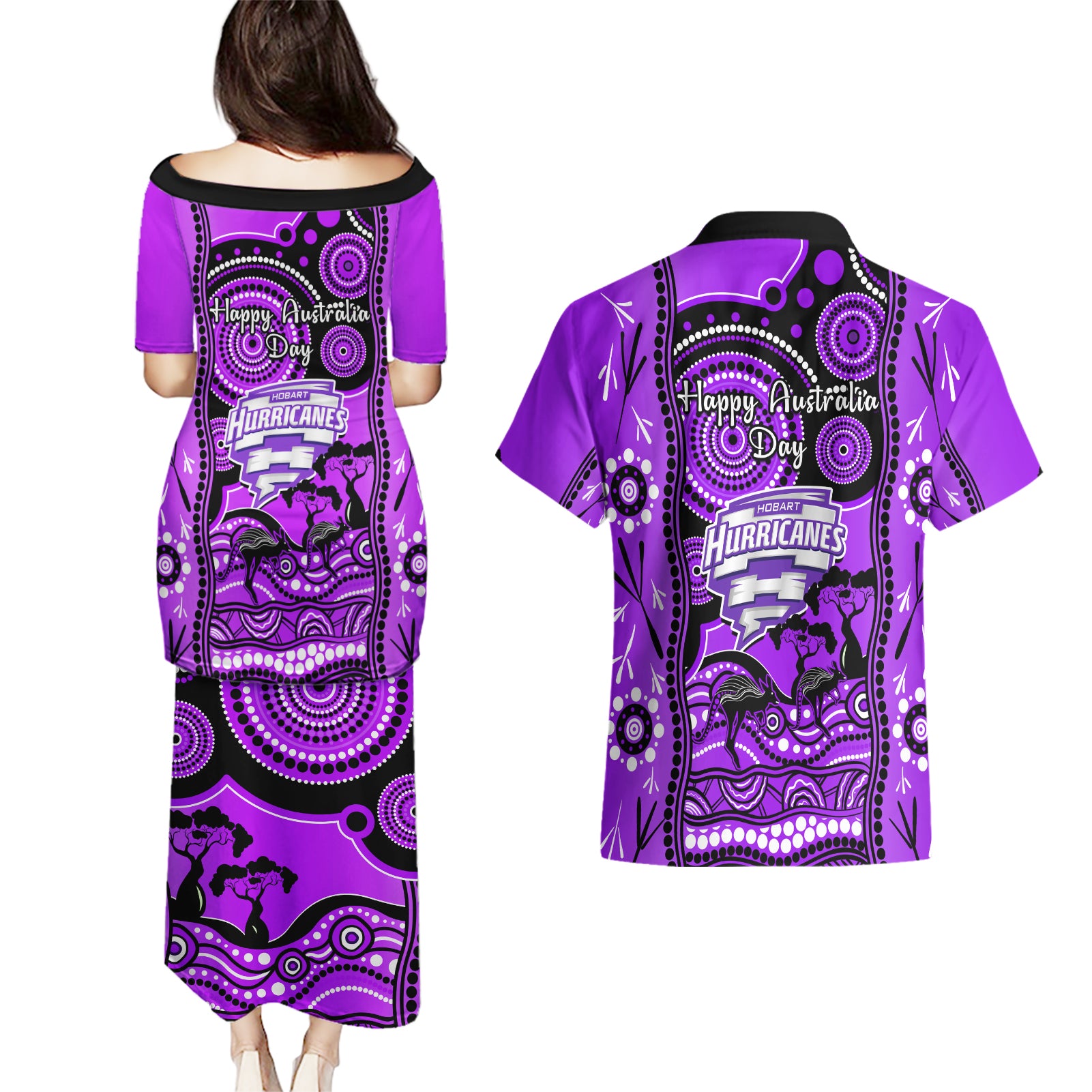 hobart-hurricanes-cricket-couples-matching-puletasi-dress-and-hawaiian-shirt-happy-australia-day-aboriginal-art