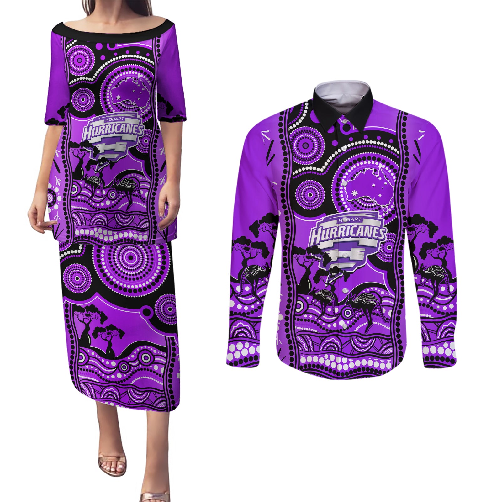 hobart-hurricanes-cricket-couples-matching-puletasi-dress-and-long-sleeve-button-shirt-happy-australia-day-aboriginal-art