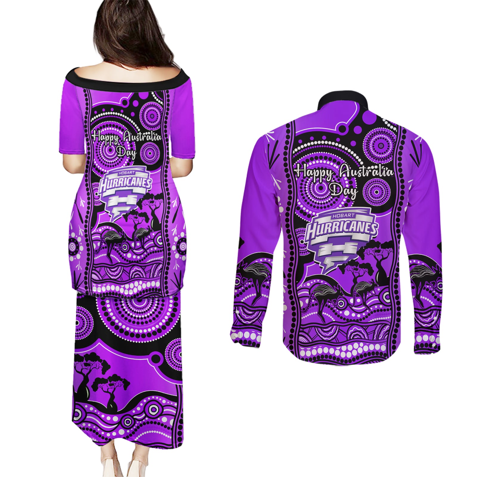 hobart-hurricanes-cricket-couples-matching-puletasi-dress-and-long-sleeve-button-shirt-happy-australia-day-aboriginal-art