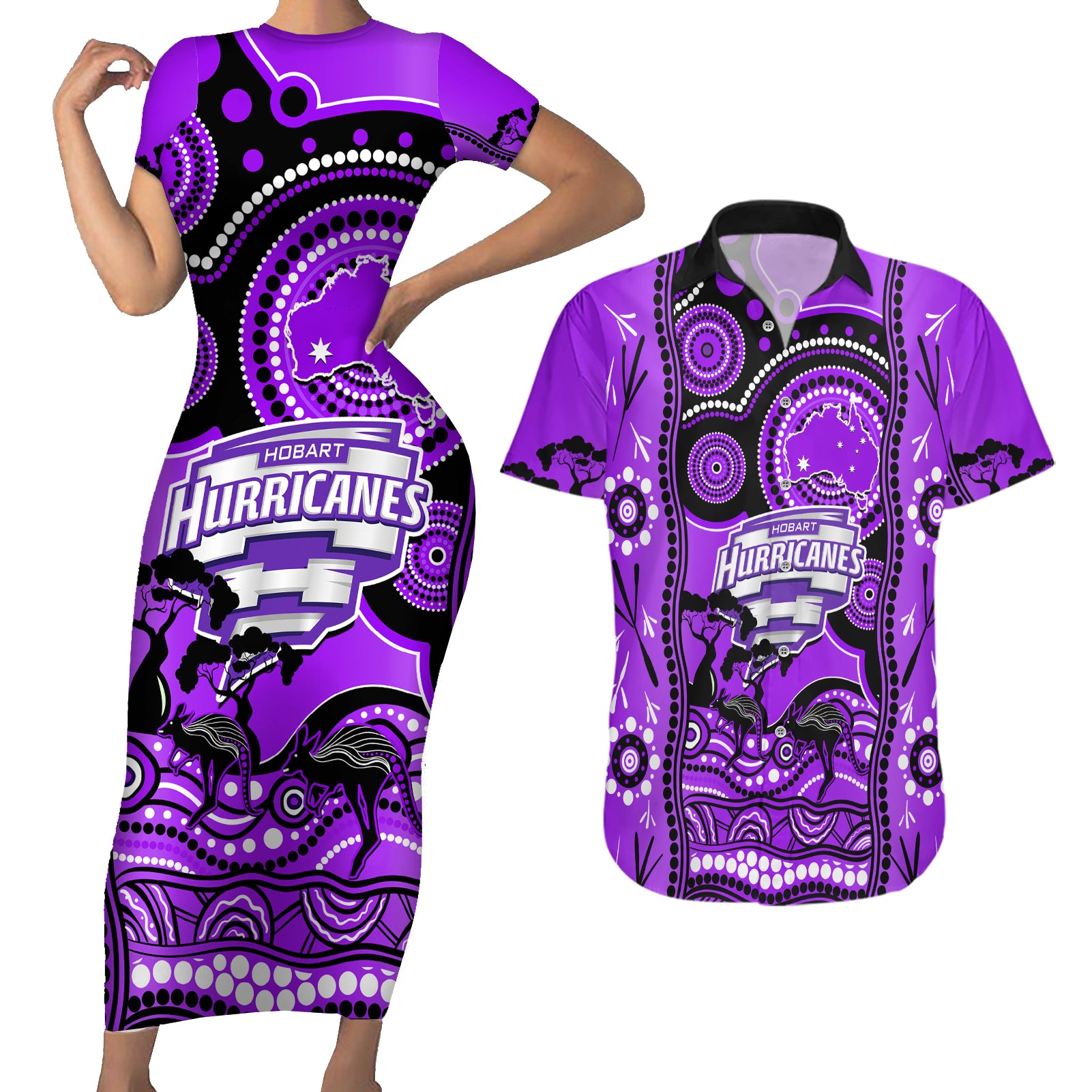 hobart-hurricanes-cricket-couples-matching-short-sleeve-bodycon-dress-and-hawaiian-shirt-happy-australia-day-aboriginal-art