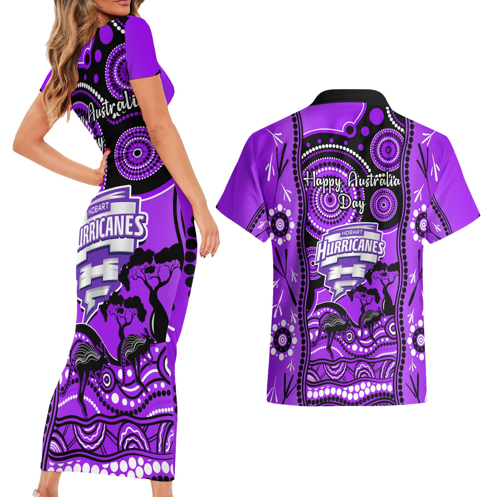 hobart-hurricanes-cricket-couples-matching-short-sleeve-bodycon-dress-and-hawaiian-shirt-happy-australia-day-aboriginal-art