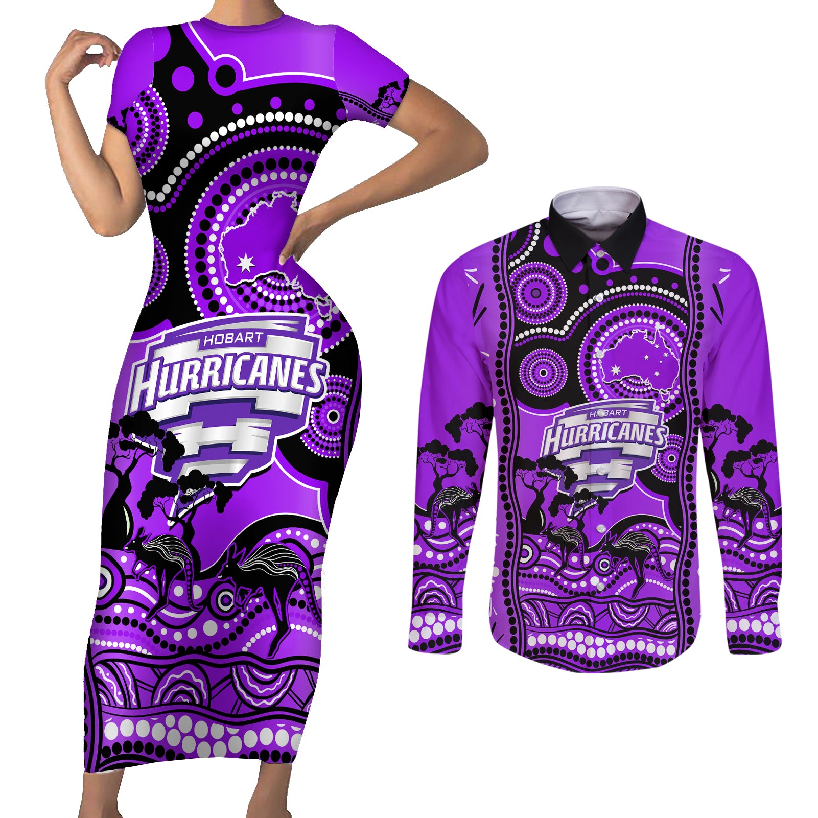 hobart-hurricanes-cricket-couples-matching-short-sleeve-bodycon-dress-and-long-sleeve-button-shirt-happy-australia-day-aboriginal-art