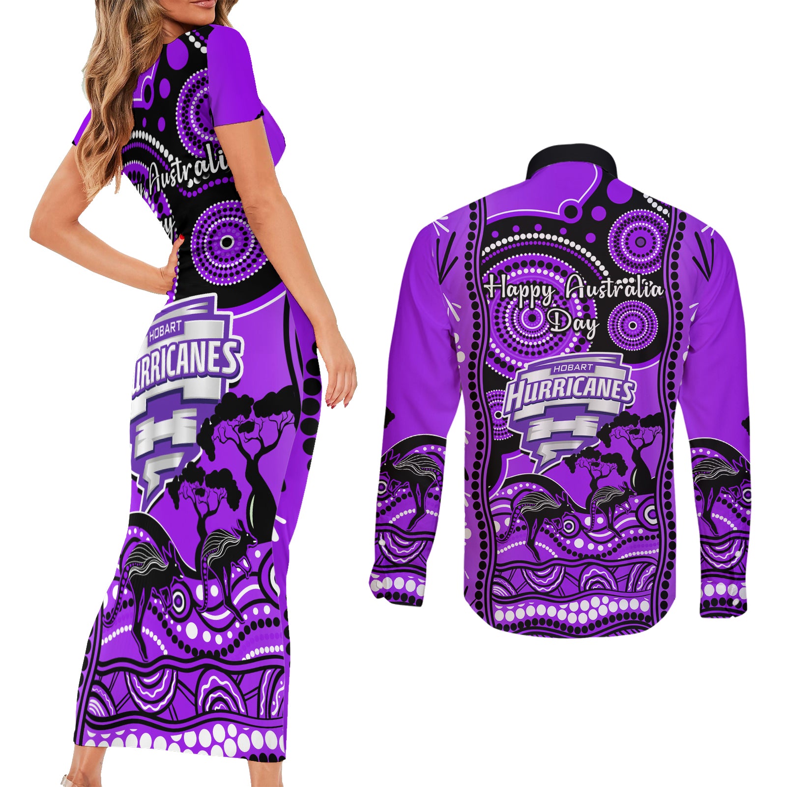 hobart-hurricanes-cricket-couples-matching-short-sleeve-bodycon-dress-and-long-sleeve-button-shirt-happy-australia-day-aboriginal-art