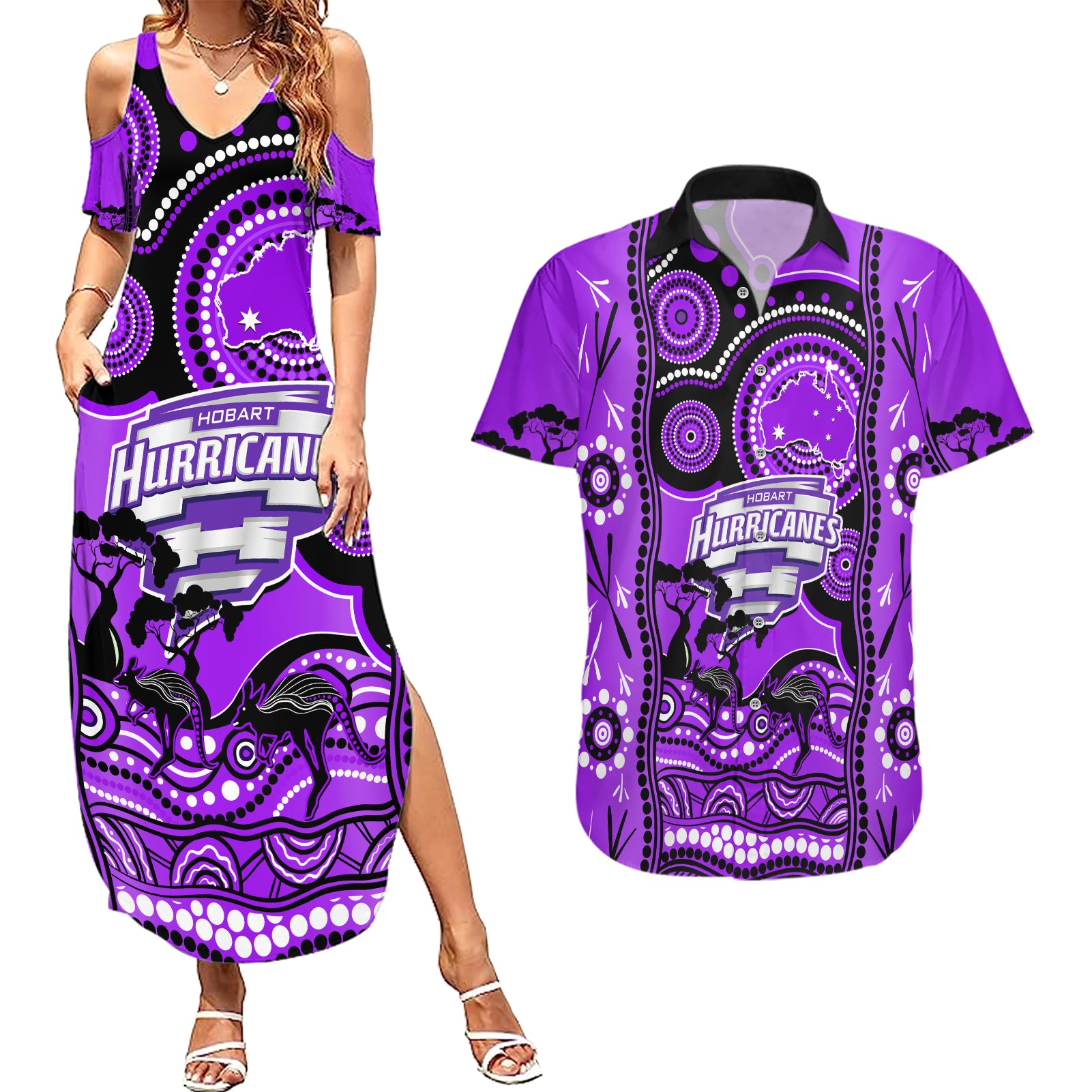 hobart-hurricanes-cricket-couples-matching-summer-maxi-dress-and-hawaiian-shirt-happy-australia-day-aboriginal-art