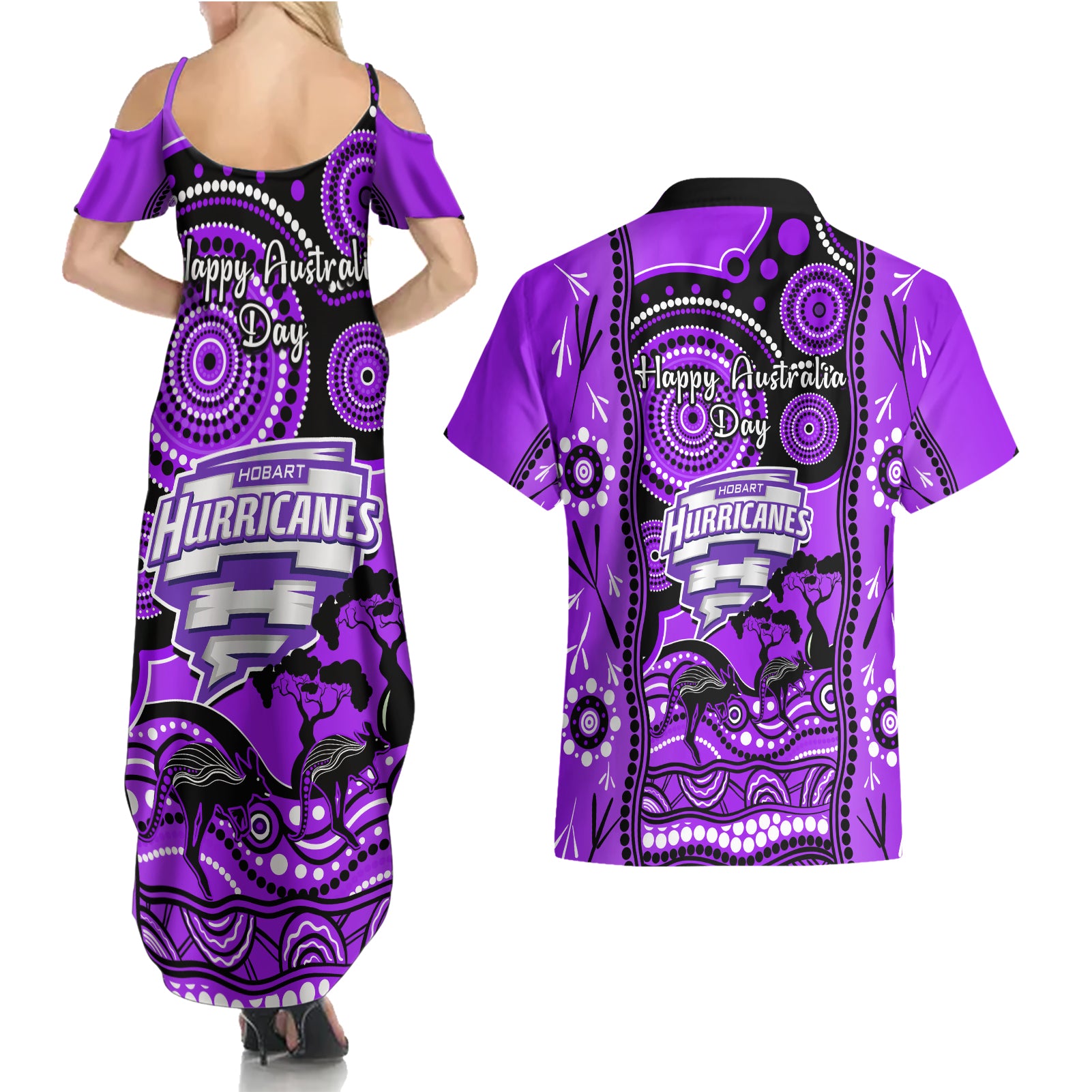 hobart-hurricanes-cricket-couples-matching-summer-maxi-dress-and-hawaiian-shirt-happy-australia-day-aboriginal-art