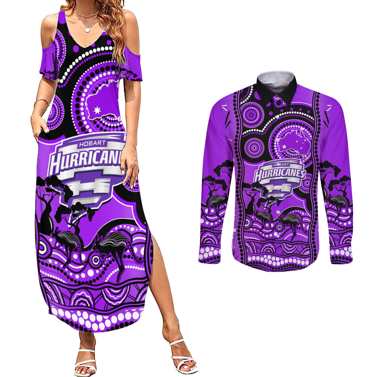 hobart-hurricanes-cricket-couples-matching-summer-maxi-dress-and-long-sleeve-button-shirt-happy-australia-day-aboriginal-art