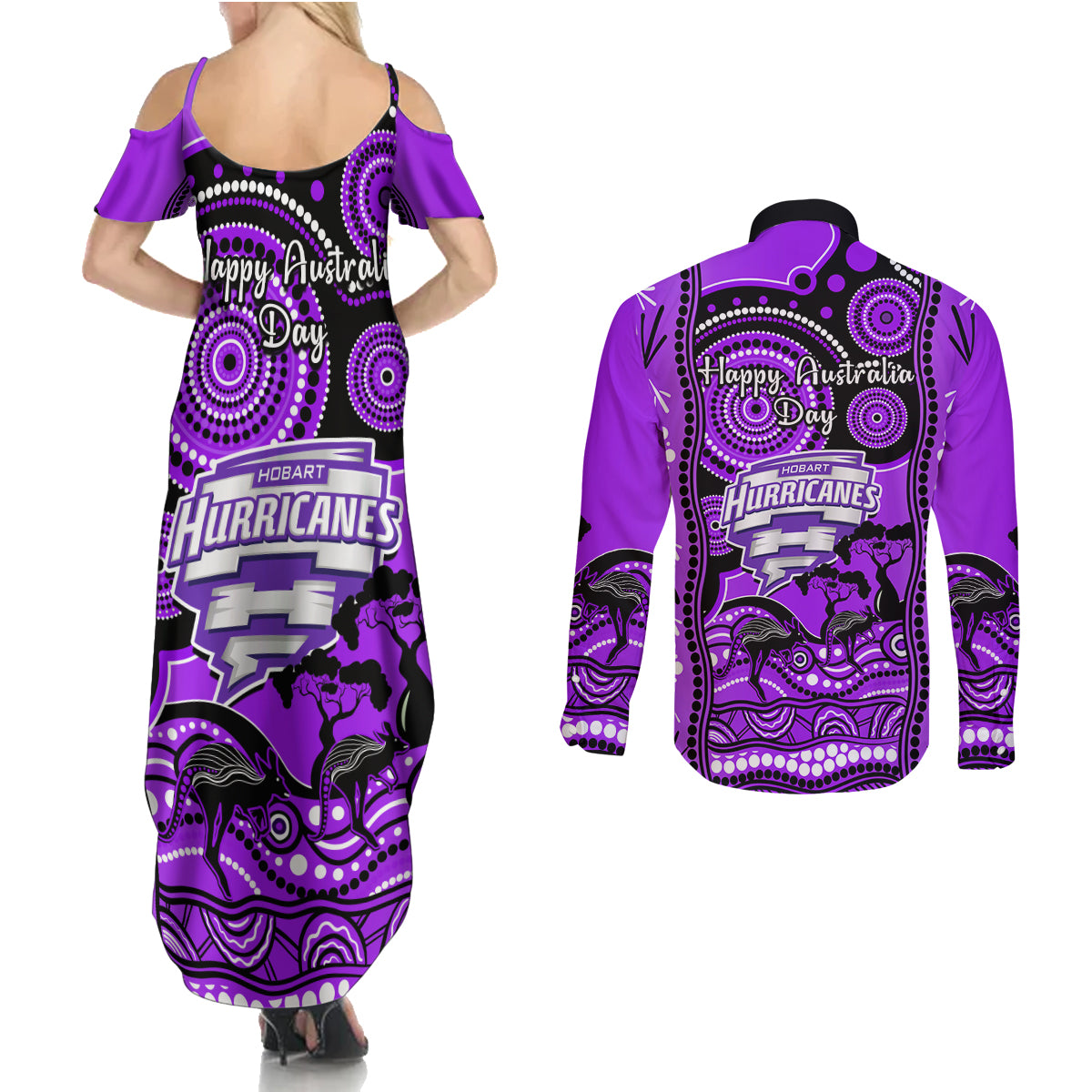 hobart-hurricanes-cricket-couples-matching-summer-maxi-dress-and-long-sleeve-button-shirt-happy-australia-day-aboriginal-art