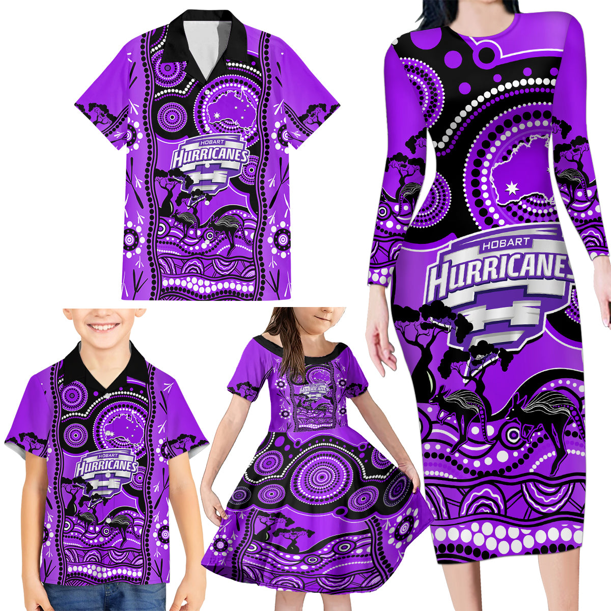 hobart-hurricanes-cricket-family-matching-long-sleeve-bodycon-dress-and-hawaiian-shirt-happy-australia-day-aboriginal-art