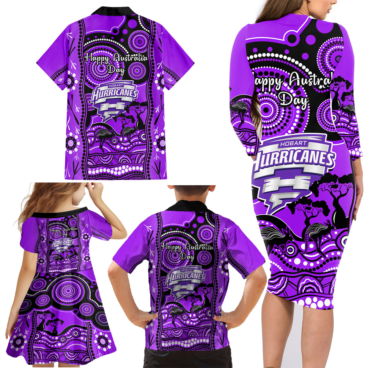 hobart-hurricanes-cricket-family-matching-long-sleeve-bodycon-dress-and-hawaiian-shirt-happy-australia-day-aboriginal-art