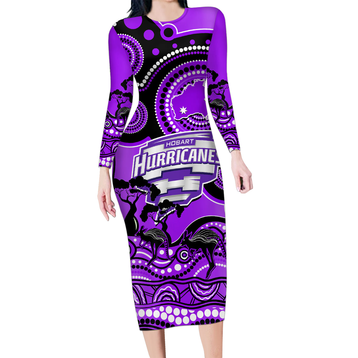 hobart-hurricanes-cricket-family-matching-long-sleeve-bodycon-dress-and-hawaiian-shirt-happy-australia-day-aboriginal-art