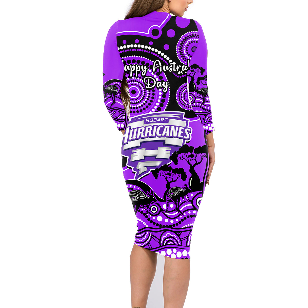 hobart-hurricanes-cricket-family-matching-long-sleeve-bodycon-dress-and-hawaiian-shirt-happy-australia-day-aboriginal-art