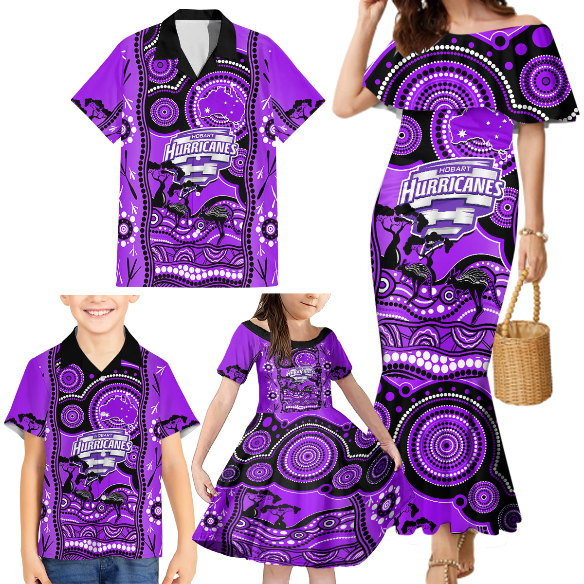 hobart-hurricanes-cricket-family-matching-mermaid-dress-and-hawaiian-shirt-happy-australia-day-aboriginal-art