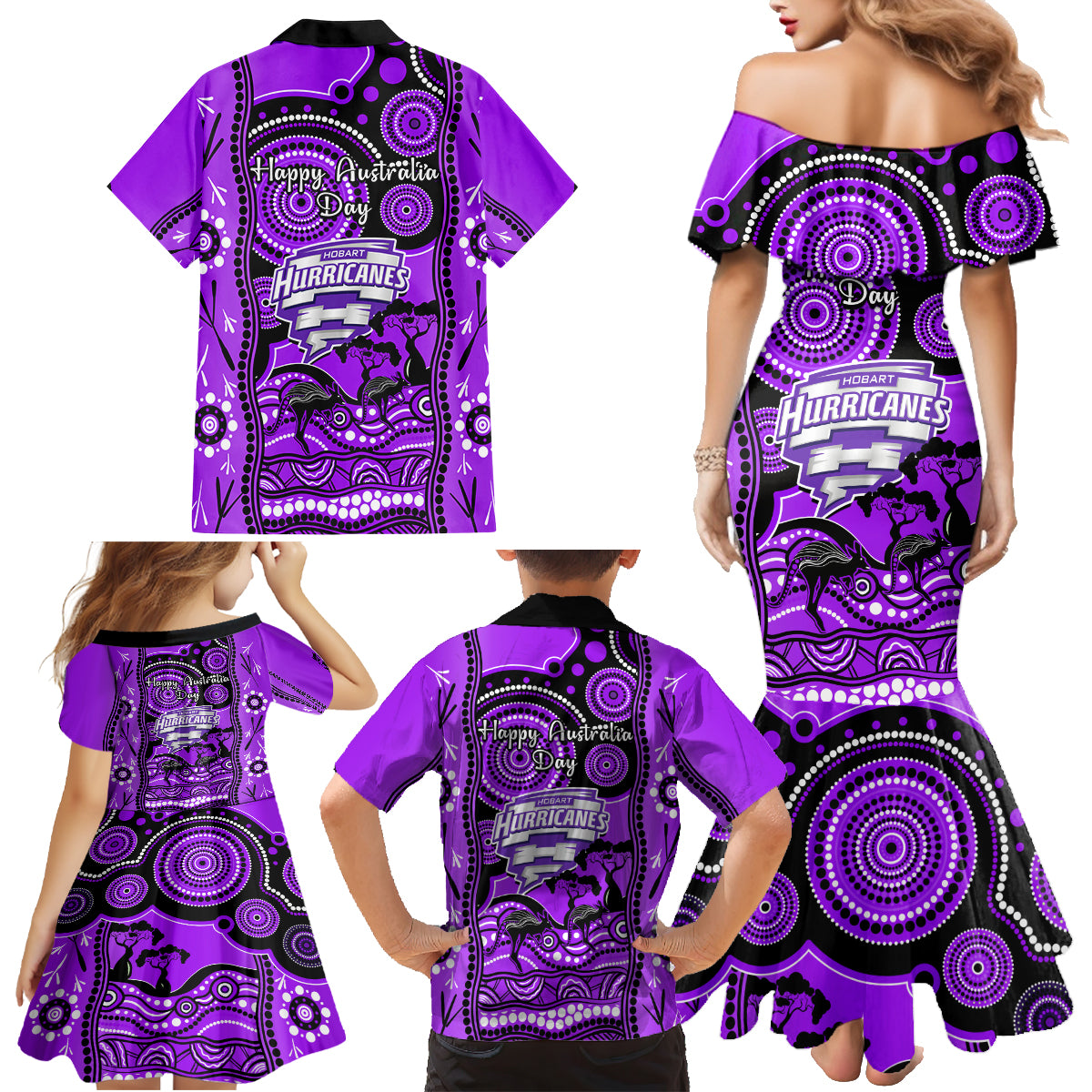 hobart-hurricanes-cricket-family-matching-mermaid-dress-and-hawaiian-shirt-happy-australia-day-aboriginal-art