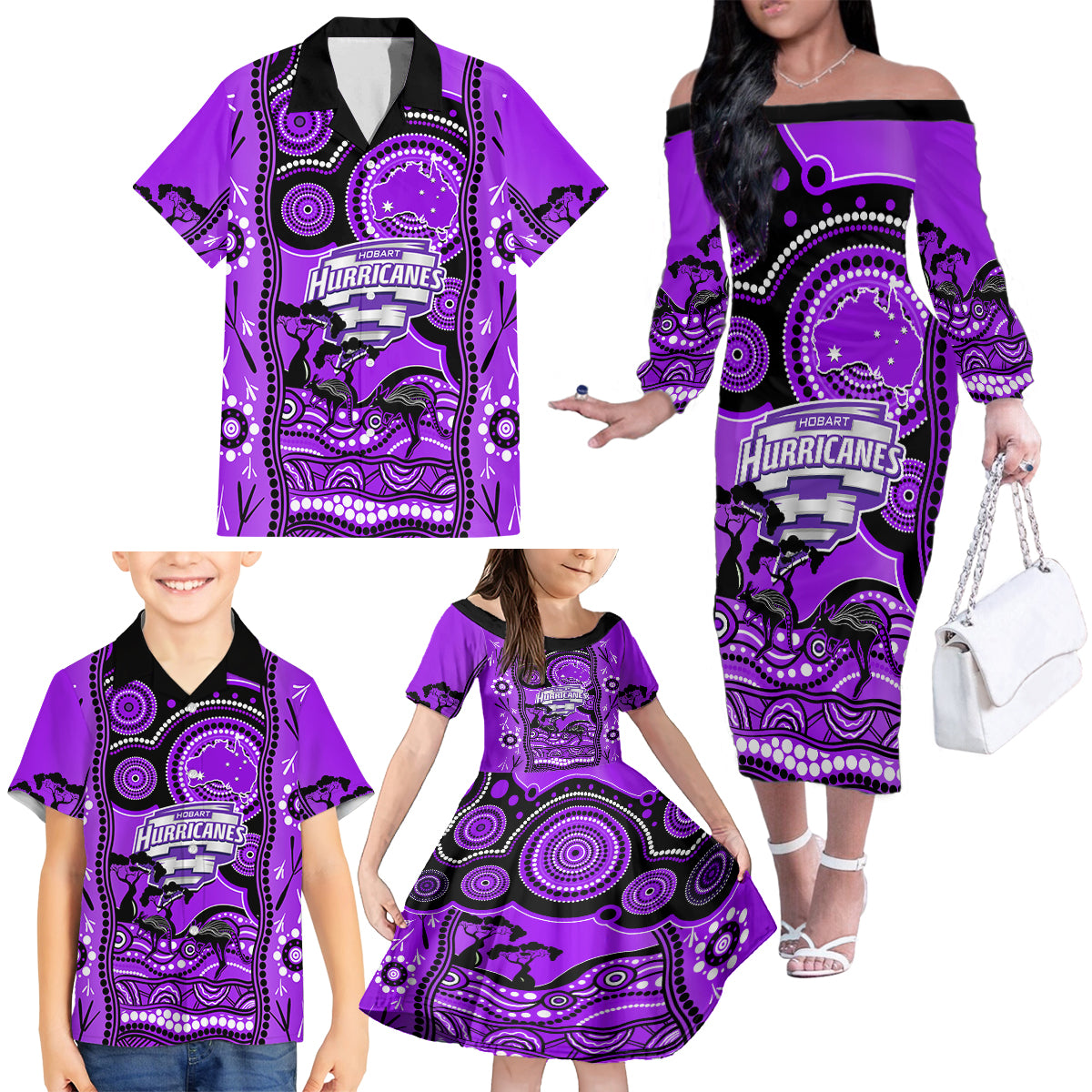 hobart-hurricanes-cricket-family-matching-off-shoulder-long-sleeve-dress-and-hawaiian-shirt-happy-australia-day-aboriginal-art