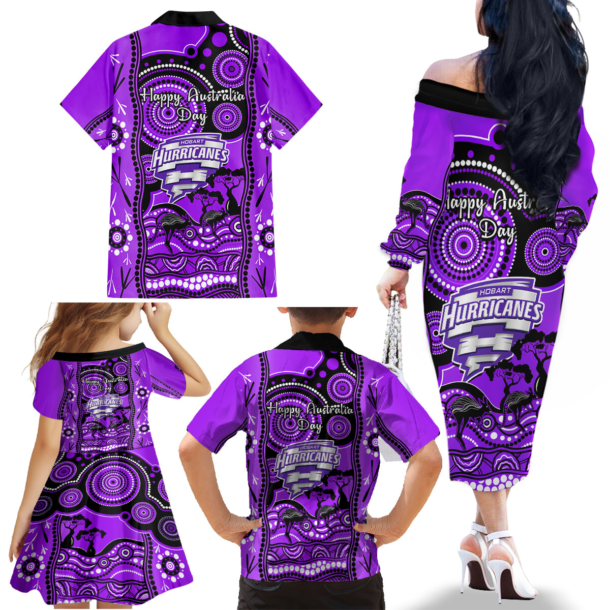 hobart-hurricanes-cricket-family-matching-off-shoulder-long-sleeve-dress-and-hawaiian-shirt-happy-australia-day-aboriginal-art