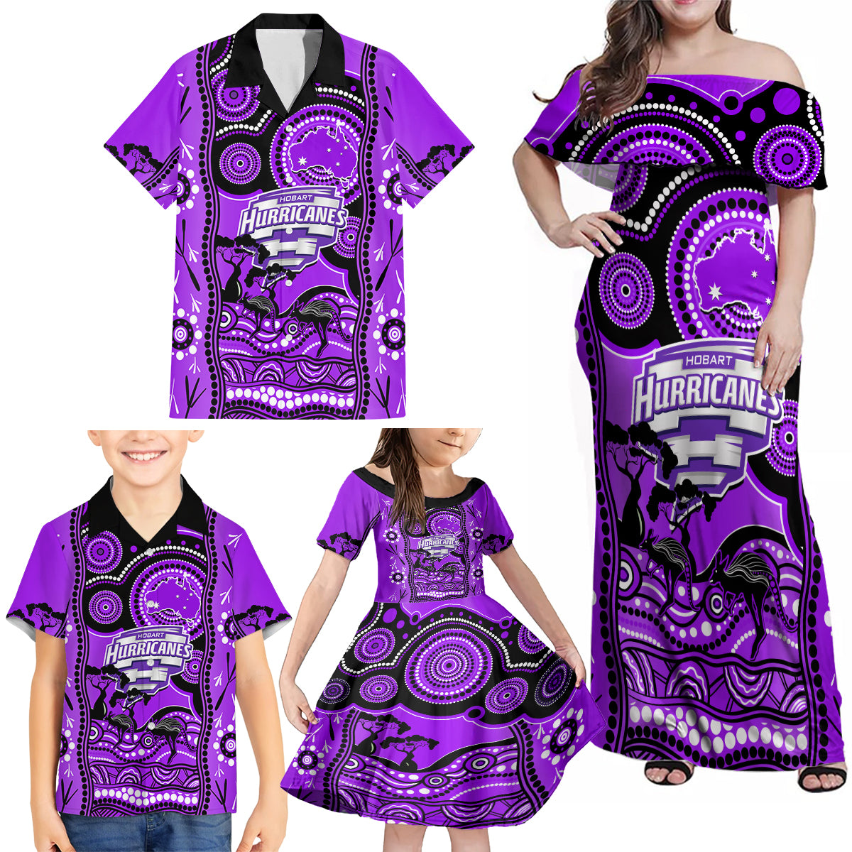 hobart-hurricanes-cricket-family-matching-off-shoulder-maxi-dress-and-hawaiian-shirt-happy-australia-day-aboriginal-art