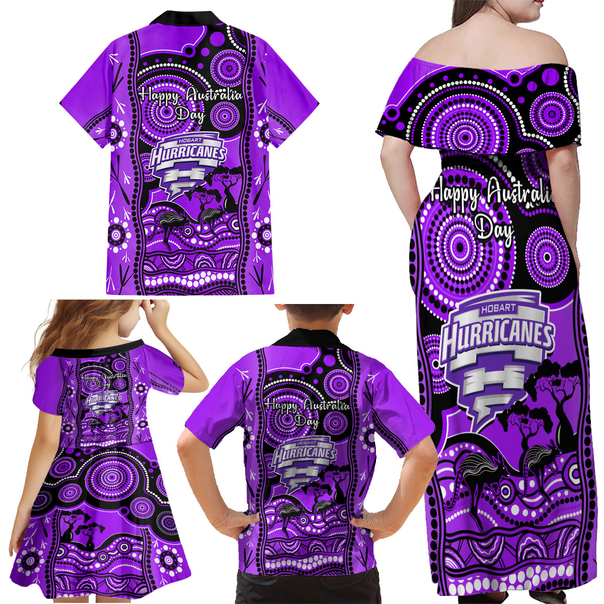 hobart-hurricanes-cricket-family-matching-off-shoulder-maxi-dress-and-hawaiian-shirt-happy-australia-day-aboriginal-art