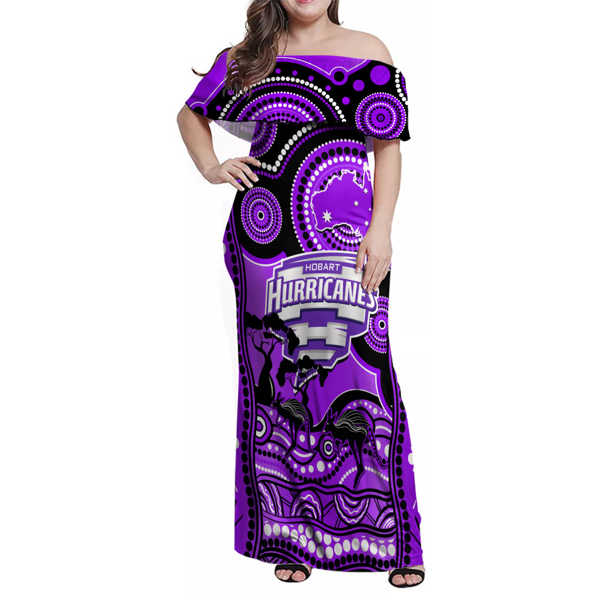 hobart-hurricanes-cricket-family-matching-off-shoulder-maxi-dress-and-hawaiian-shirt-happy-australia-day-aboriginal-art